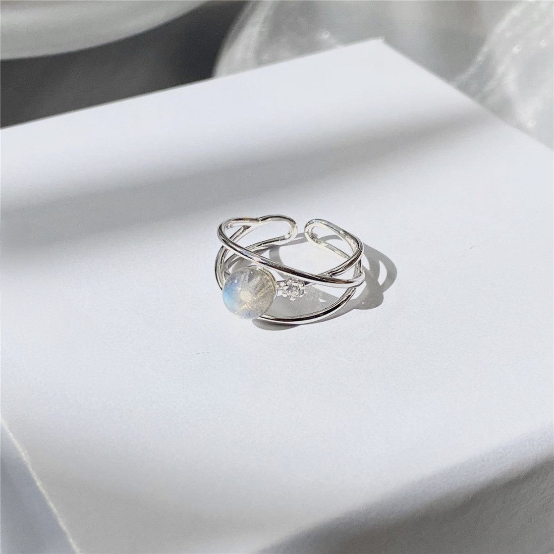 Moonstone ring on white box