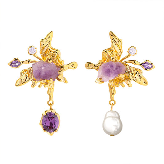 amethyst and pearl earrings white background