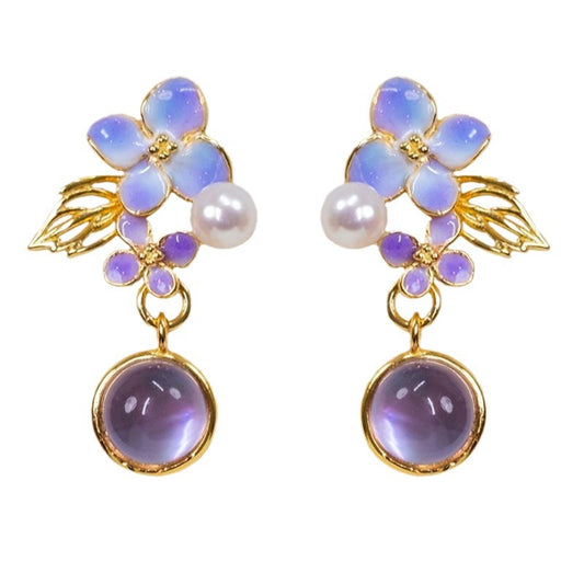 amethyst and pearl earrings white background