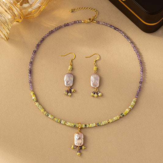 amethyst necklace and earring set wheat background