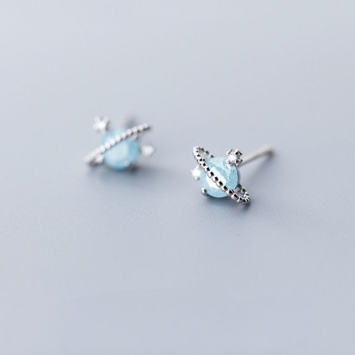 Aquamarine Earrings Studs with Planet Style