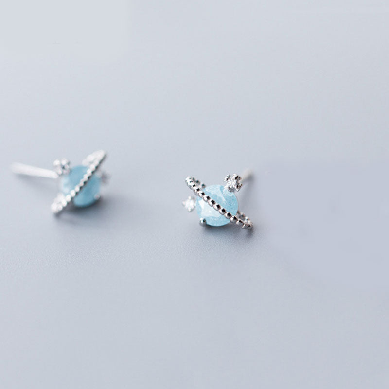 Aquamarine Earrings Studs with Planet Style
