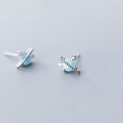 Aquamarine Earrings Studs with Planet Style