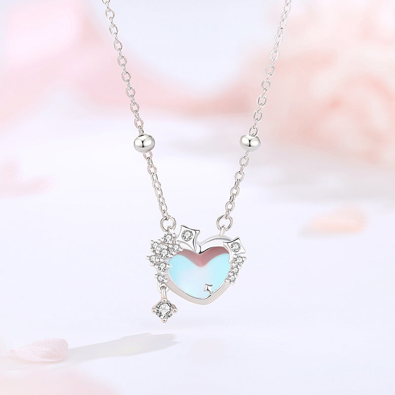 moonstone heart necklace with pink background